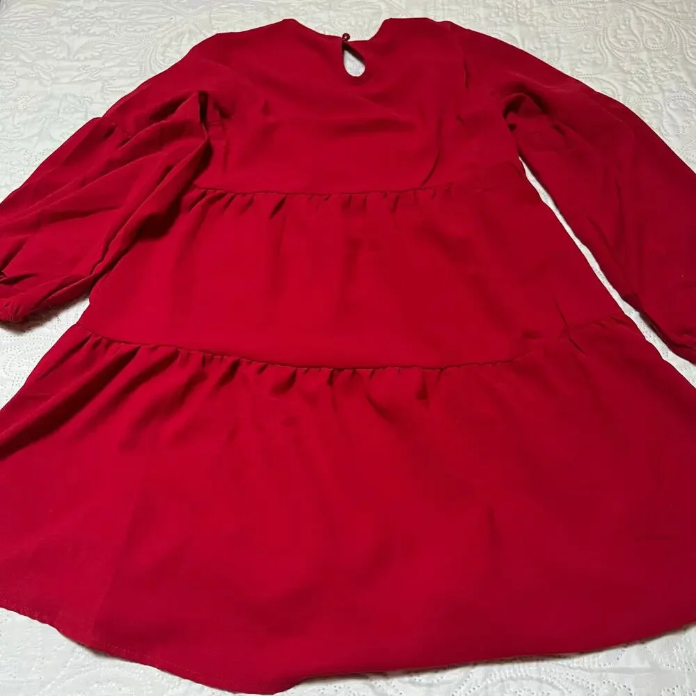 Tiered Long Sleeve Solid Red Dress